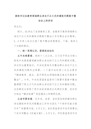 高校书记在教育领域群众身边不正之风和腐败问题集中整治会上的讲话