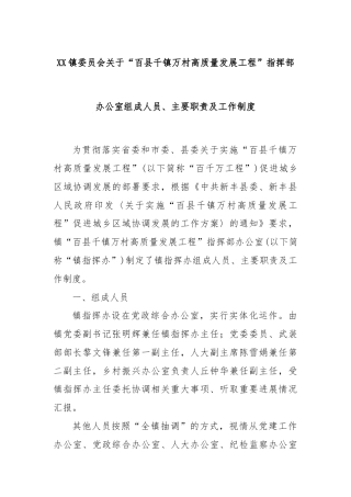 XX镇委员会关于“百县千镇万村高质量发展工程”指挥部办公室组成人员、主要职责及工作制度