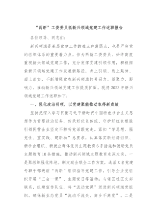 “两新”工委委员抓新兴领域党建工作述职报告