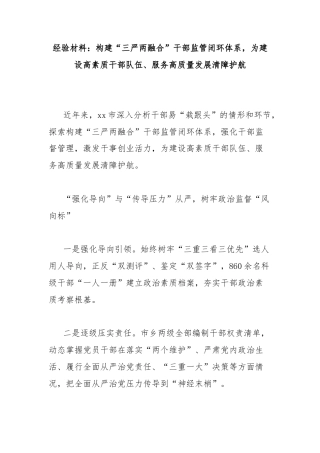 经验材料：构建“三严两融合”干部监管闭环体系，为建设高素质干部队伍、服务高质量发展清障护航