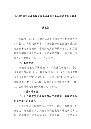 县2023年巩固拓展脱贫攻坚成果推进乡村振兴工作进展情况报告