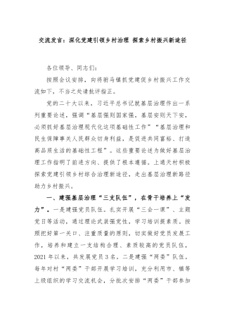 交流发言：深化党建引领乡村治理 探索乡村振兴新途径