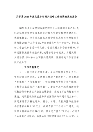 关于县2023年度实施乡村振兴战略工作进展情况的报告