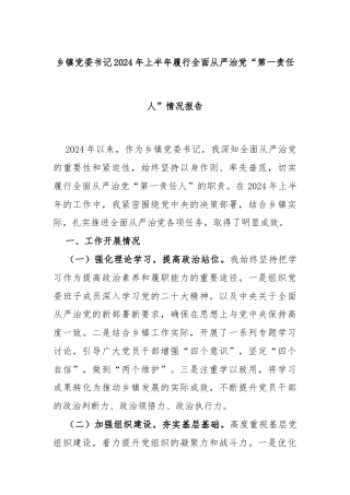 乡镇党委书记2024年上半年履行全面从严治党