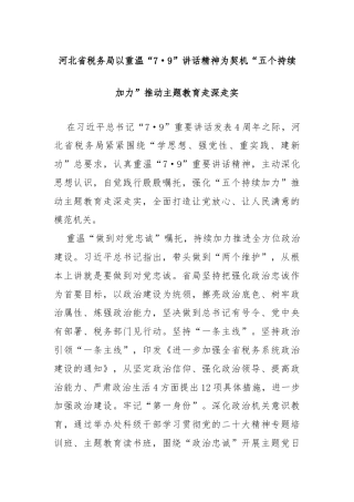 河北省税务局以重温“7·9”讲话精神为契机“五个持续加力”推动主题教育走深走实