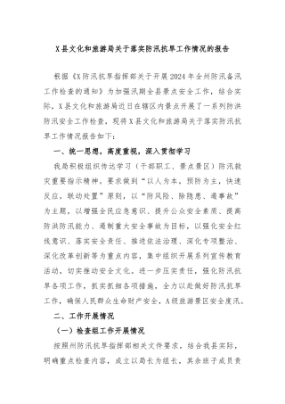 X县文化和旅游局关于落实防汛抗旱工作情况的报告