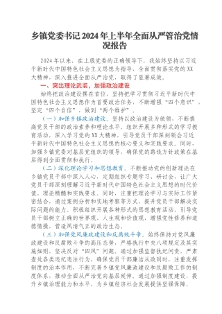 乡镇党委书记2024年上半年全面从严管治党情况报告