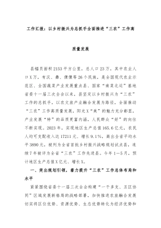 工作汇报：以乡村振兴为总抓手全面推进“三农”工作高质量发展