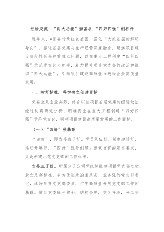 经验交流：“两大功能”强基层 “四好四强”创标杆