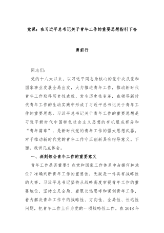 党课：在习总书记关于青年工作的重要思想指引下奋勇前行