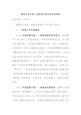 副县长在全县人民政府全体会议讲话材料