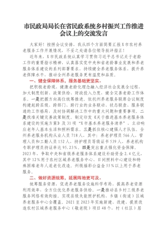 市民政局局长在省民政系统乡村振兴工作推进会议上的交流发言