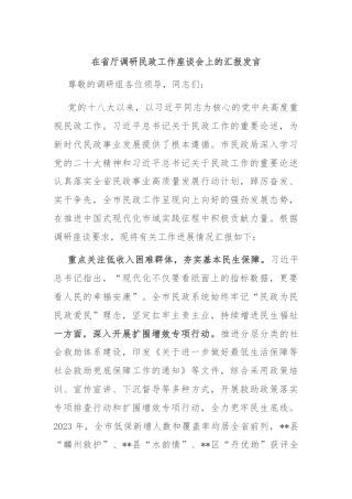在省厅调研民政工作座谈会上的汇报发言