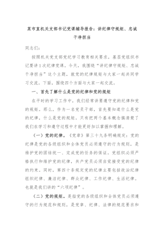 某市直机关支部书记党课辅导报告：讲纪律守规矩、忠诚干净担当