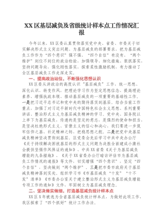 XX区基层减负及省级统计样本点工作情况汇报