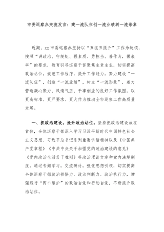 市委巡察办交流发言：建一流队伍创一流业绩树一流形象