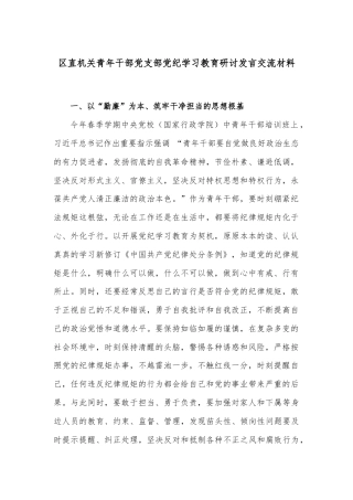 区直机关青年干部党支部党纪学习教育研讨发言交流材料