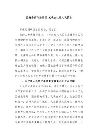 坚持全面依法治国 发展全过程人民民主