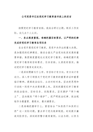公司党委书记在党纪学习教育读书班上的发言