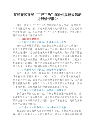 某经开区开展“三严三治”深化作风建设活动进展情况报告