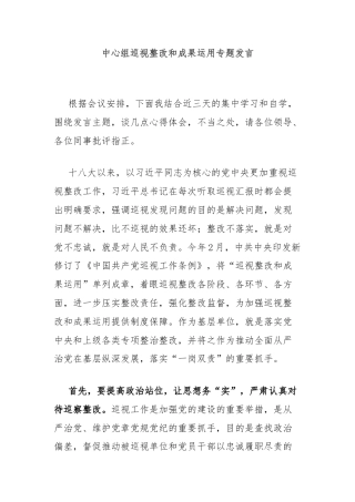 中心组巡视整改和成果运用专题发言