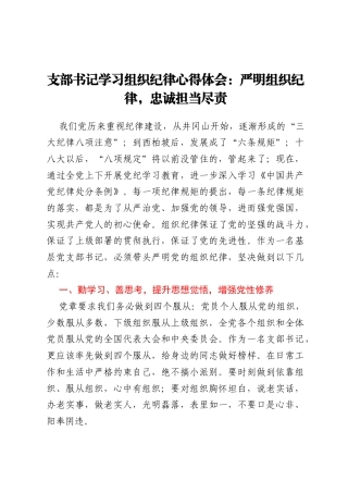_支部书记学习组织纪律心得体会：严明组织纪律，忠诚担当尽责