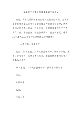 年度民工工资支付监管保障工作总结