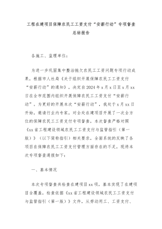 工程在建项目保障农民工工资支付“安薪行动”专项督查总结报告