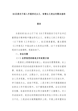 XX区委关于深入开展形式主义、官僚主义突出问题自查的报告