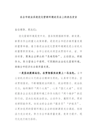 在全市政法系统优化营商环境动员会上的表态发言