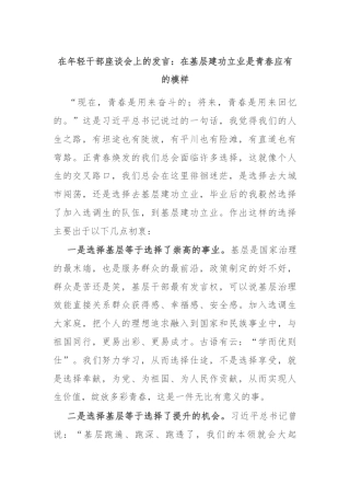 在年轻干部座谈会上的发言：在基层建功立业是青春应有的模样