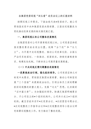 在集团党委巡视“回头看”动员会议上的汇报材料