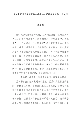 支部书记学习组织纪律心得体会：严明组织纪律，忠诚担当尽责