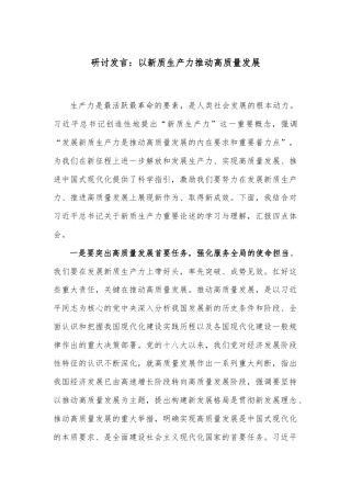 研讨发言：以新质生产力推动高质量发展