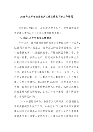 2024年上半年安全生产工作总结及下步工作计划