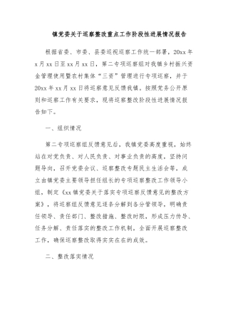镇党委关于巡察整改重点工作阶段性进展情况报告