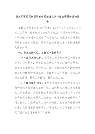 镇关于区委巡察组巡察镇反馈意见集中整改进展情况的报告
