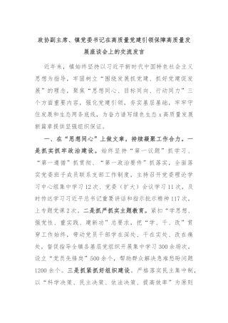 政协副主席、镇党委书记在高质量党建引领保障高质量发展座谈会上的交流发言
