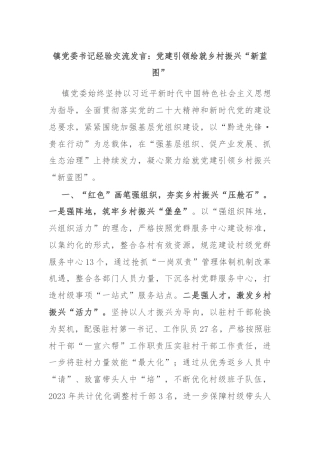 镇党委书记经验交流发言：党建引领绘就乡村振兴“新蓝图”