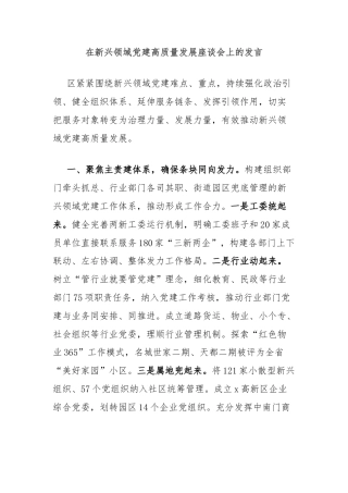 在新兴领域党建高质量发展座谈会上的发言
