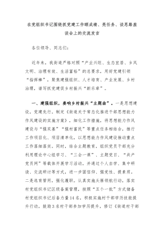 在党组织书记围绕抓党建工作晒成绩、亮任务、谈思路座谈会上的交流发言