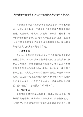 集中整治群众身边不正之风和腐败问题专项行动工作方案