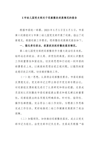 X市幼儿园党支部关于巡察整改进展情况的报告