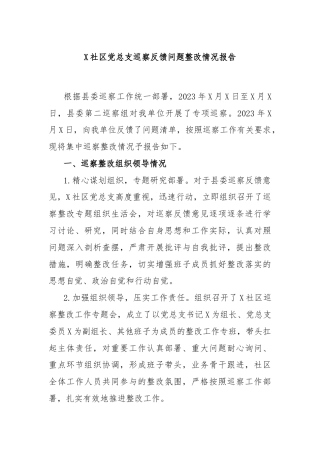 X社区党总支巡察反馈问题整改情况报告