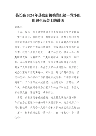县长在2024年县政府机关党组第一党小组组织生活会上的讲话