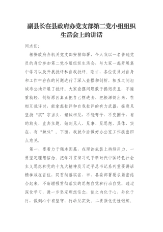 副县长在县政府办党支部第二党小组组织生活会上的讲话
