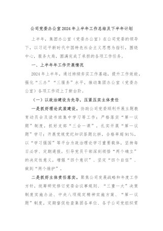 公司党委办公室2024年上半年工作总结及下半年计划
