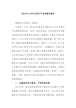 2024年上半年全面从严治党情况报告