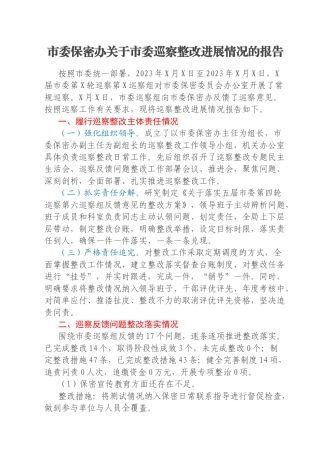 市委保密办关于市委巡察整改进展情况的报告