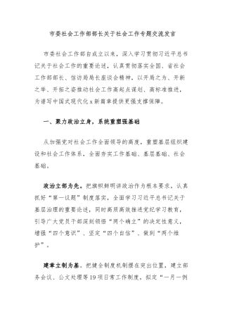 市委社会工作部部长关于社会工作专题交流发言